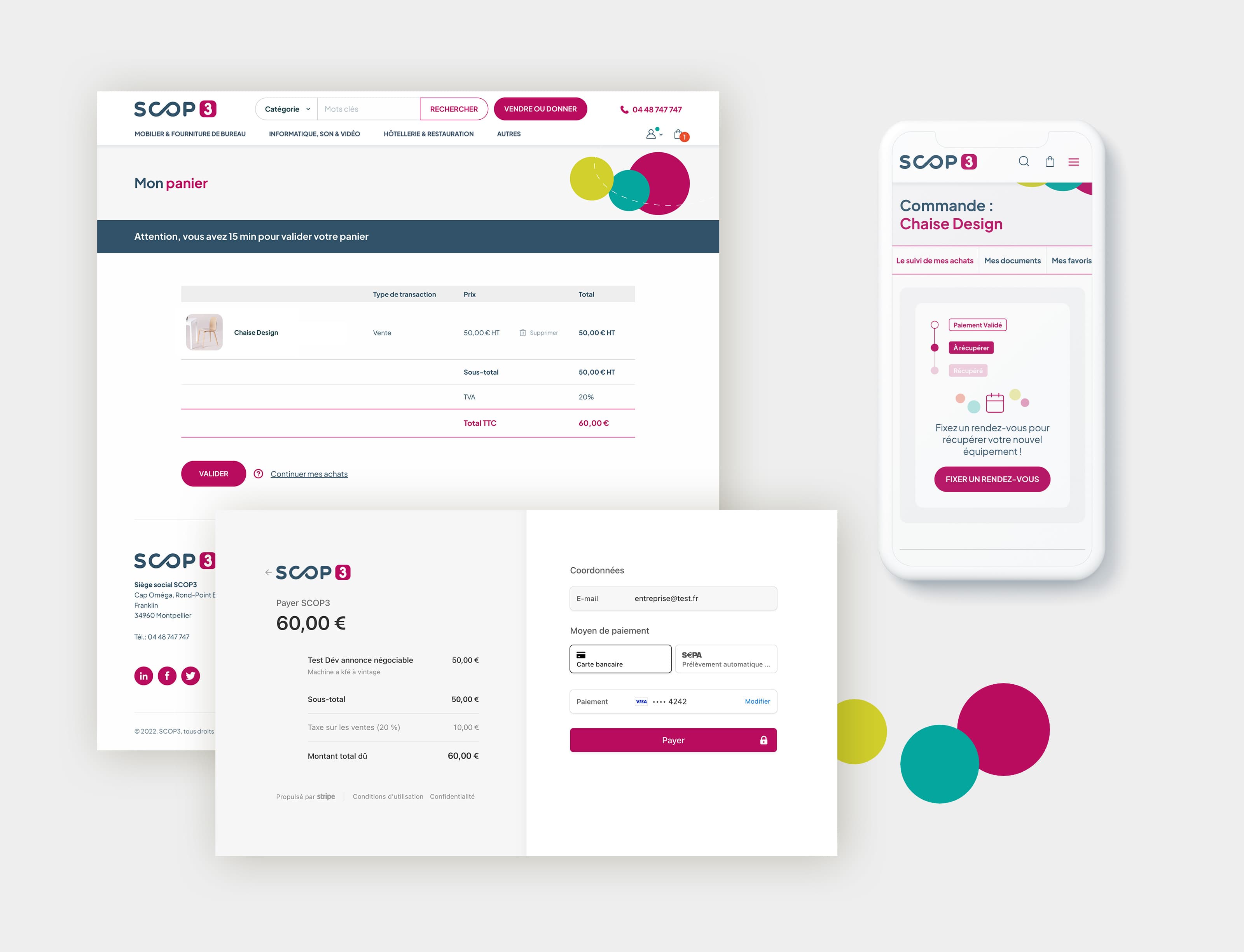 Mise en avant du système de paiement en ligne sur le site SCOP 3 en version desktop et mobile