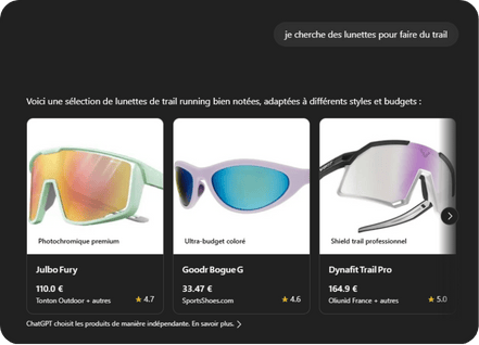 Résultats de recherche de lunettes sur ChatGPT