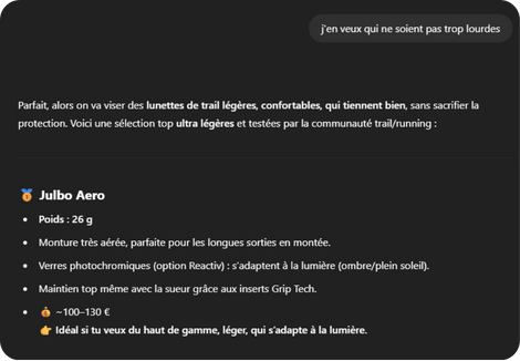 ChatGPT Shopping recommande des lunettes Julbo et explique pourquoi