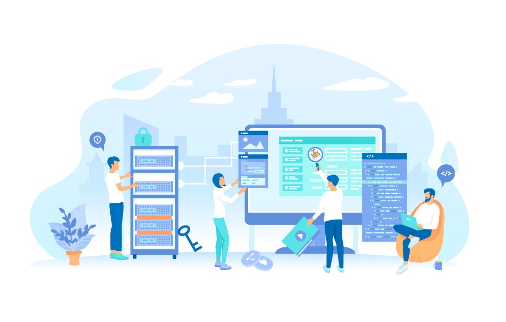 L'équipe de programmeurs travaille sur un nouveau site web. Développement web, programmation, codage. Surveillance, code de programmation, serveur. Processus de travail, communication en équipe. Illustration vectorielle à plat.
