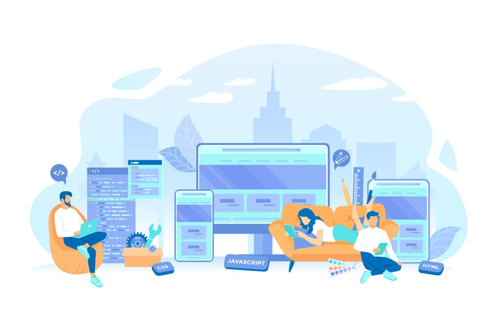 Le programmeur développe une interface utilisateur et une expérience utilisateur pour un site web sur écran, tablette ou téléphone. Développement front-end, création d'une mise en page et d'un modèle. Illustration vectorielle à plat.