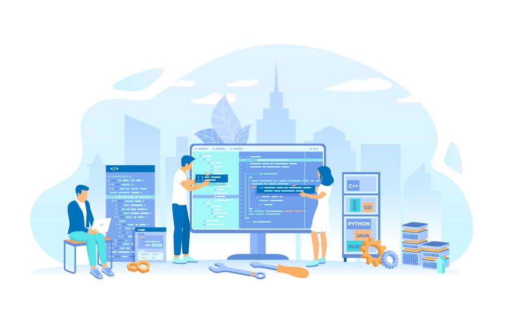 
Une équipe de programmeurs écrit du code sur un grand écran. Développement back-end, codage, tests, ingénierie logicielle, langages de programmation. Illustration vectorielle à plat.