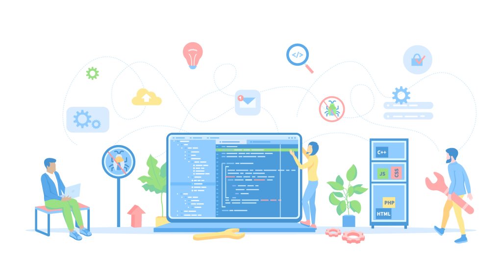 
Développement logiciel, programmation, création d'applications. Équipe de programmeurs travaillant sur du code informatique. Illustration vectorielle plane conceptuelle pour le web et le graphisme.